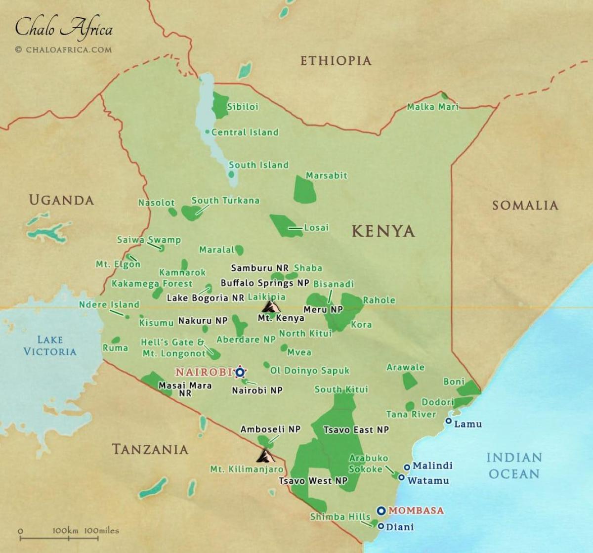harta e Kenia parqet nacionale dhe rezervatet